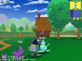 A screenshot from Toontown Japan that shows a Toon scratching a Doodle.