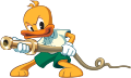 An illustration of a yellow duck Toon holding a Fire Hose as he appeared on Toontown's Japanese website.