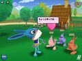 A screenshot from Toontown Japan that shows a rabbit showing off three Doodles.