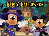 A Halloween-themed desktop wallpaper image featuring Mickey and Minnie mouse that was downloadable from the Toontown Online website around 2010. This image came in four sizes (800x600, 1024x768, 1280x960, and 1600x1200), with this one being the 1600x1200 version.