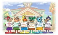 Cow (far left) in the Toontown Election Picture with other Toons.