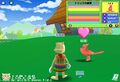 A screenshot from Toontown Japan showing a Doodle dancing next to a cat Toon.