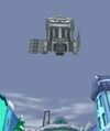 A Lawbot cog building falling from the sky in The Brrrgh.