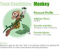 The monkey toon's profile as it appeared on the Toontown Times website during the Toon Species elections.