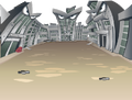 An illustration of three cog buildings on a street from Toontown's Japanese Flash game called "Toontown Cog Target Practice" (AKA "Toon Shoot" or "Toontown Shoot.")