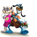 An illustration of a cat Toon standing next to a dog Toon giggling. (From an advertisement from Toontown's UK website.)