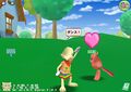 A screenshot from Toontown Japan that shows a cat Toon playing with an affectionate Doodle.