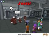A desktop wallpaper image of beta Toontown gameplay showing some Bossbot Cogs fighting Toons from a 2005 Toontown UK CD-ROM.