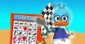 A blue duck Toon presenting a Fish Bingo related event from the French version of Toontown.