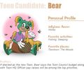 The bear Toon's profile as it appeared on the Toontown Times website during the Toon Species elections.